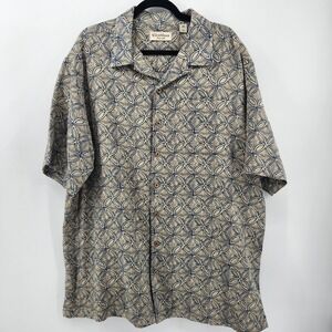 Caribbean Pure Silk Button Down Shirt - Men's XLT Beige Blue Geometric